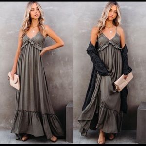 Olive green Smocked ruffle maxi dress